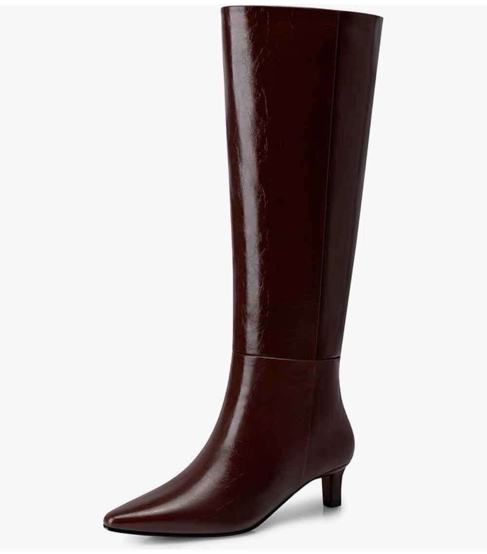 CELLENZ Faux Leather Knee High Boots Pointed Toe Low Kitten Heel Brown Size 8.5